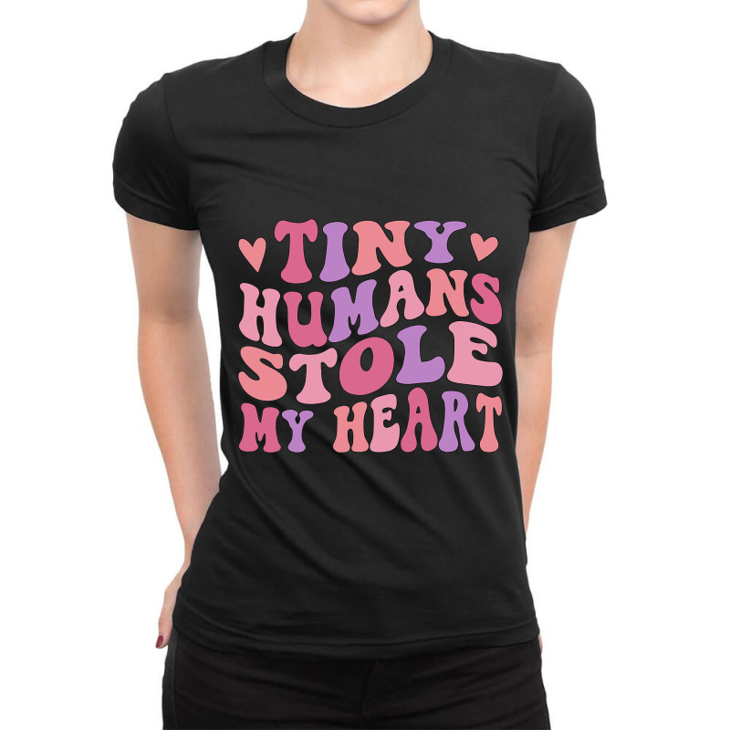 Tiny Humans Stole My Heart Valentines Day Groovy L Ladies Fitted T-Shirt by SiddharthaGish | Artistshot