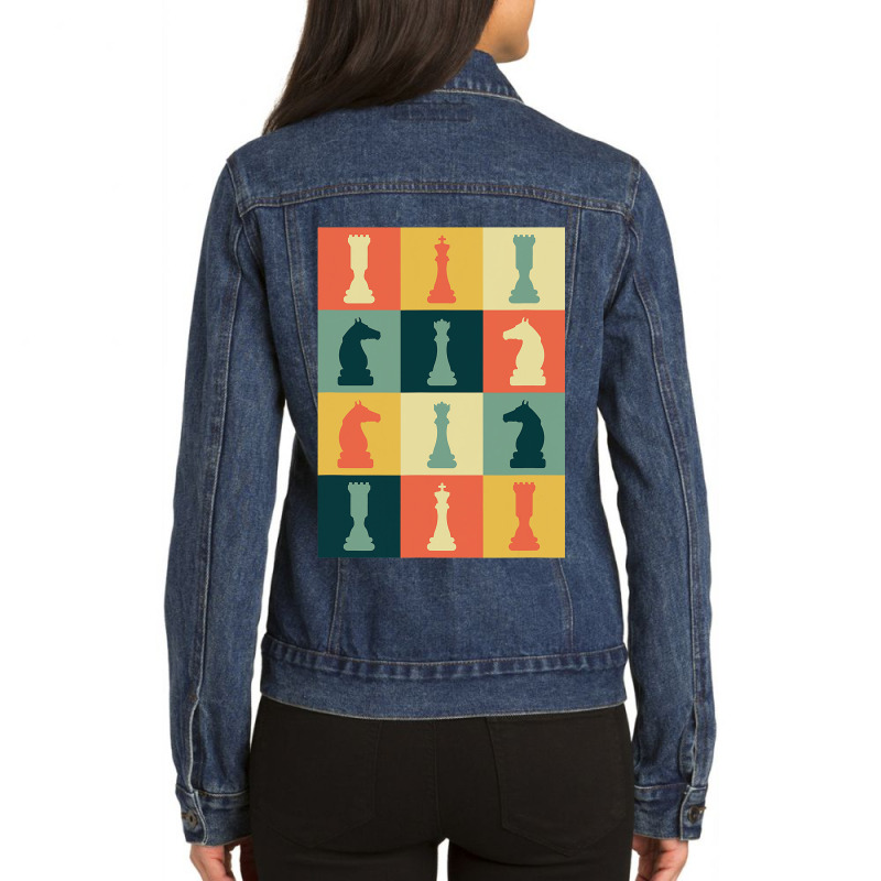 Retro Chess Pieces Vintage Board Game Grandmaster  Ladies Denim Jacket by GreySchrade | Artistshot