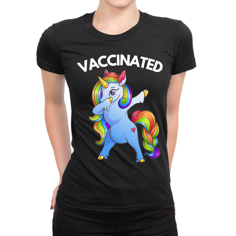 Vaccinated Dabbing Rainbow Unicorn Multi Colored Ladies Fitted T-Shirt by MenachemArteaga | Artistshot