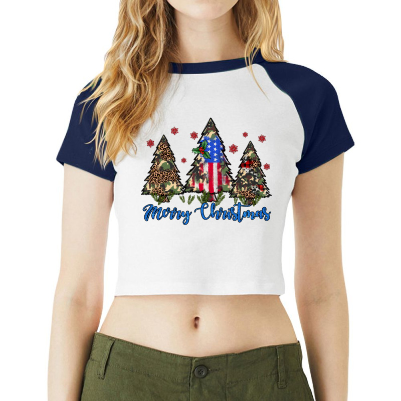 Camouflage Trees Merry Christmas Raglan Crop Top | Artistshot