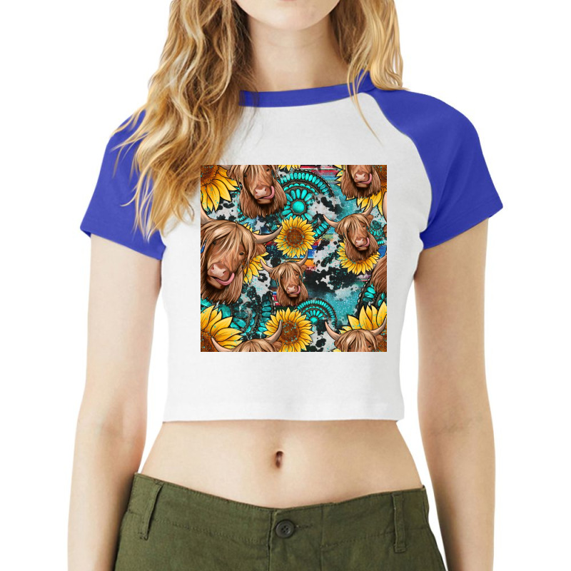 Highland Cow Sunflowers Turquoise Seamless Pattern Raglan Crop Top | Artistshot