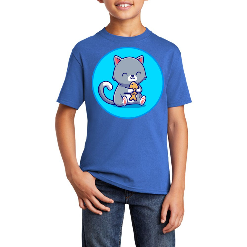 Cute Cat Holding Fish Cartoon Basic Youth T-shirt by vasu4christ | Artistshot