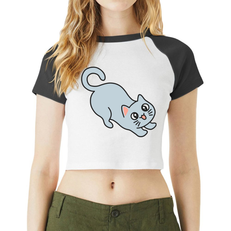 Blue Cat Stretching Raglan Crop Top by Morspective | Artistshot