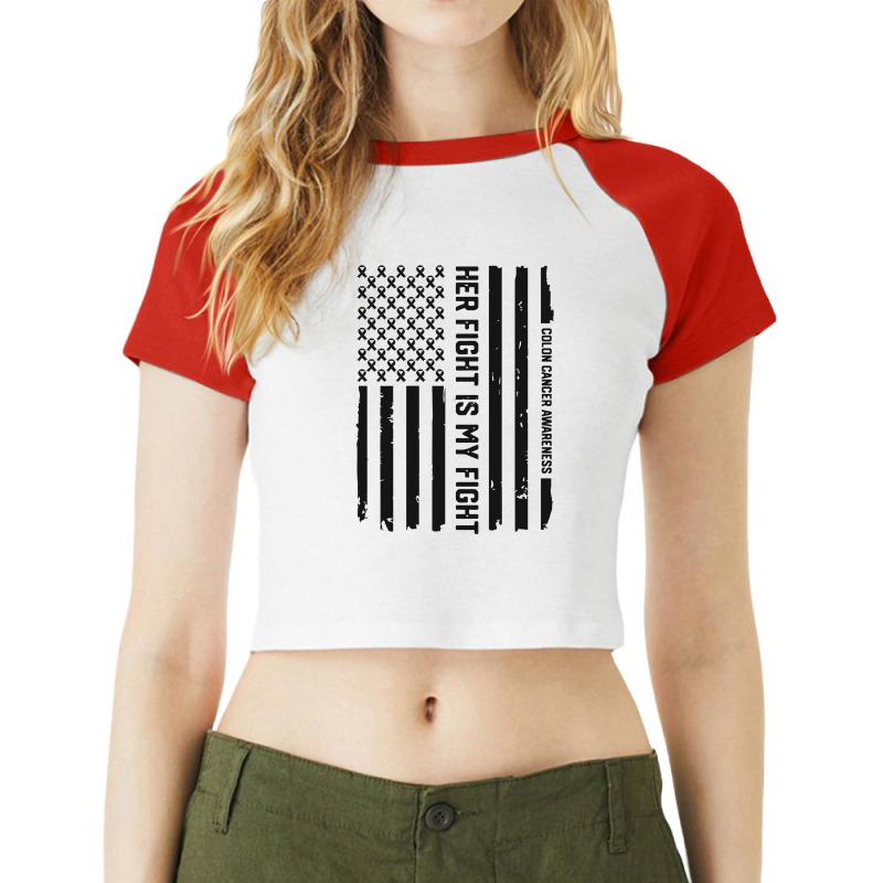 Her Fight American Flag Colorectal Bowel Colon Cancer Awareness Raglan Crop Top by saepuloh | Artistshot