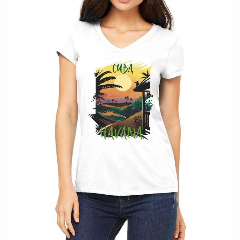 Havana Cuba Palm Trees Beach Ocean Surfing Hispani Women's V-Neck T-Shirt by MalikMorsee | Artistshot