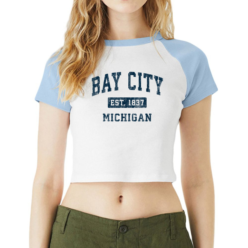 Bay City Michigan Mi Vintage Sports Design Navy Print T Shirt Raglan Crop Top by saldeenshakir | Artistshot