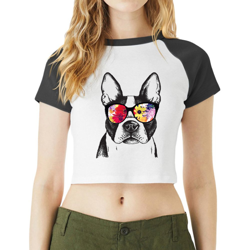 Funny Hipster Boston Terrier Flowers Sunglasses Cu Raglan Crop Top by ROBERTMORRISON | Artistshot