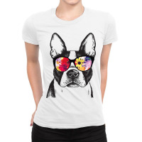 Funny Hipster Boston Terrier Flowers Sunglasses Cu Ladies Fitted T-shirt | Artistshot