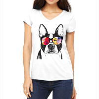 Funny Hipster Boston Terrier Flowers Sunglasses Cu Women's V-neck T-shirt | Artistshot