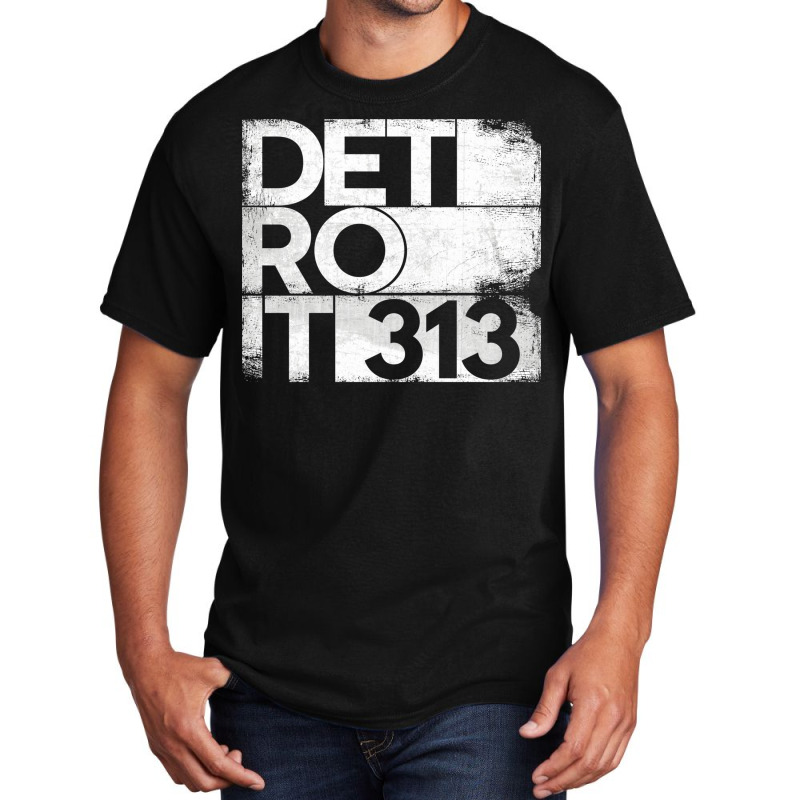 313 Detroit Michigan State With Area Code Grunge Distressed Basic T-shirt by SamsulArt | Artistshot