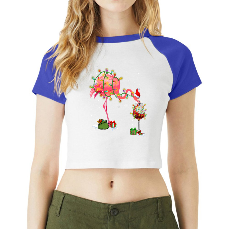 Flamingo Tropical Funny Flamingo Drinking Wine On Christmas Xmas Pajam Raglan Crop Top by hopelessoon | Artistshot