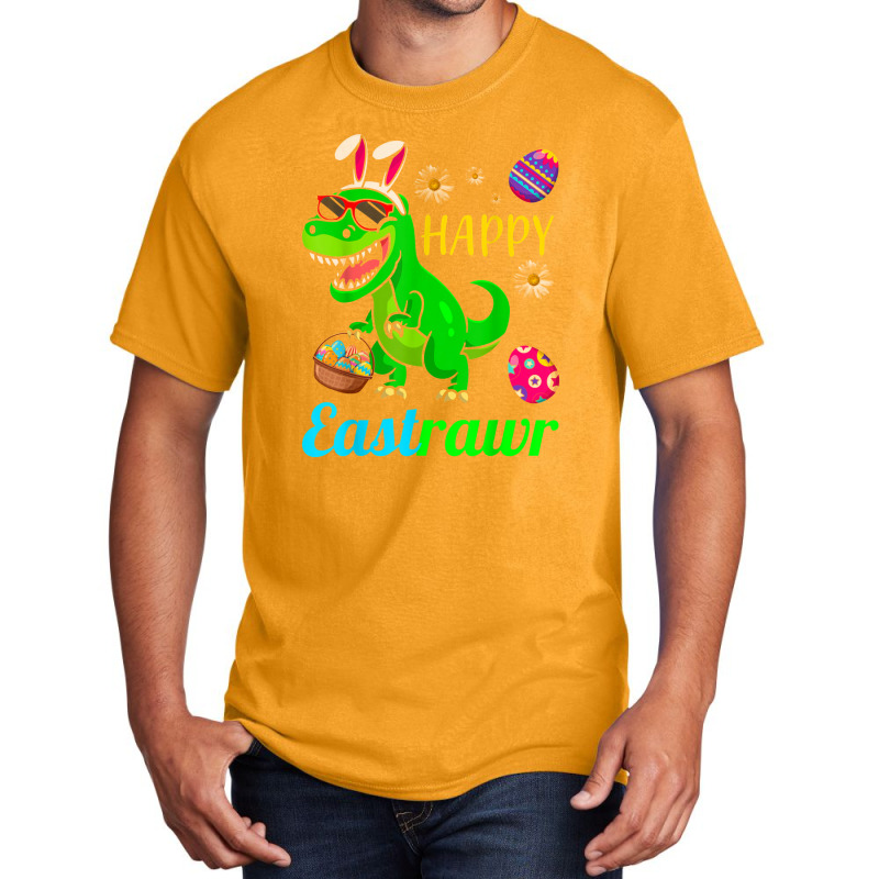 Happy Eastrawr Dinosaur With Bunny Ears And Eggs Basket Basic T-shirt by asilamiraty | Artistshot