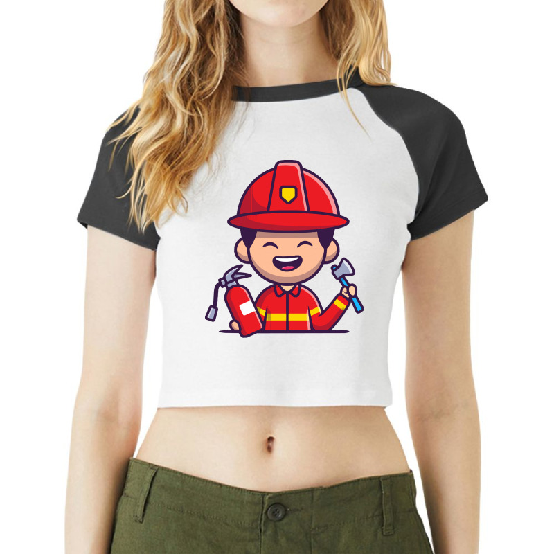 Firefighter T  Shirt Firefighter With Hatchet Axe And Fire Extinguishe Raglan Crop Top by geldingavocet | Artistshot