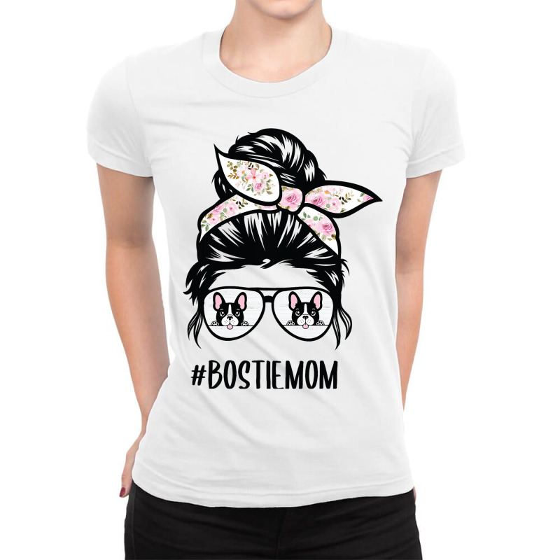 Bostie Mom Messy Bun Hair Glasses Boston Terrier M Ladies Fitted T-Shirt by LEVICARTAGENA | Artistshot