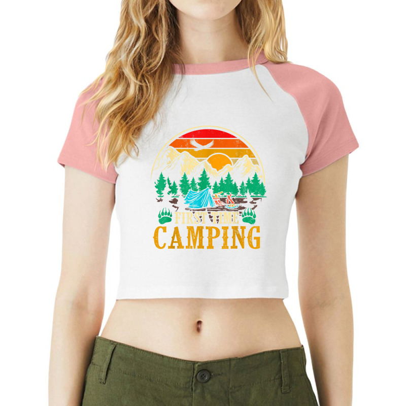 First Time Camping Funny Camper Lover Gift Raglan Crop Top by HailieDesign | Artistshot