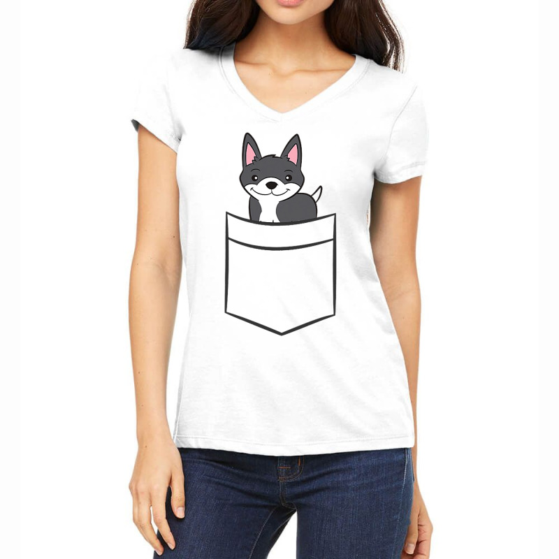 Boston Terrier Dog In Pocket Funny Boston Terrier Women's V-Neck T-Shirt by MATTHEWSEARCE | Artistshot