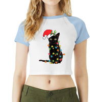 Santa Black Cat Tangled Up In Christmas Tree Lights Holiday Raglan Crop Top | Artistshot