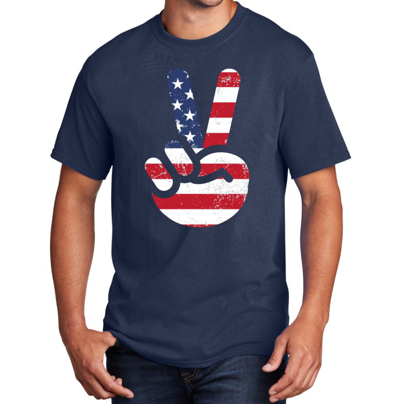 American Flag Peace Sign Hand T-shirt Fourth Of July Gift Basic T-shirt | Artistshot