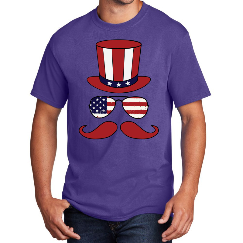 Top Hat - Sunglasses - Mustache - American Flag Patriotic Basic T-shirt | Artistshot