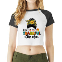 Womens One Thankful Step Mom Leopard Messy Bun Fall Thanksgiving T Shi Raglan Crop Top | Artistshot