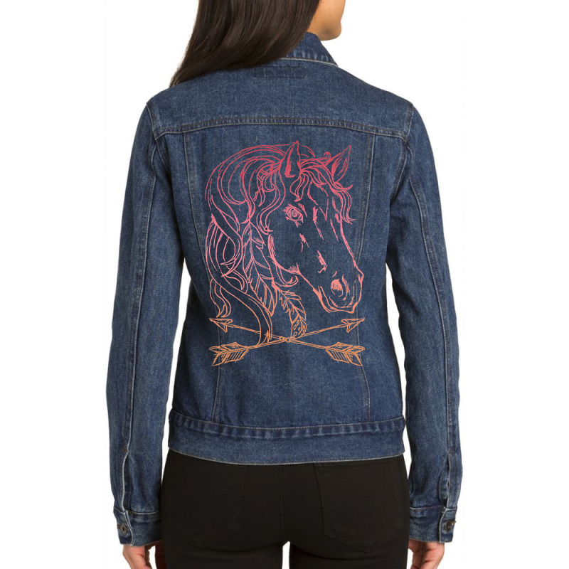 Horse Drawing Sketch Arrows And Feathers Ladies Denim Jacket by FriedBarcia | Artistshot