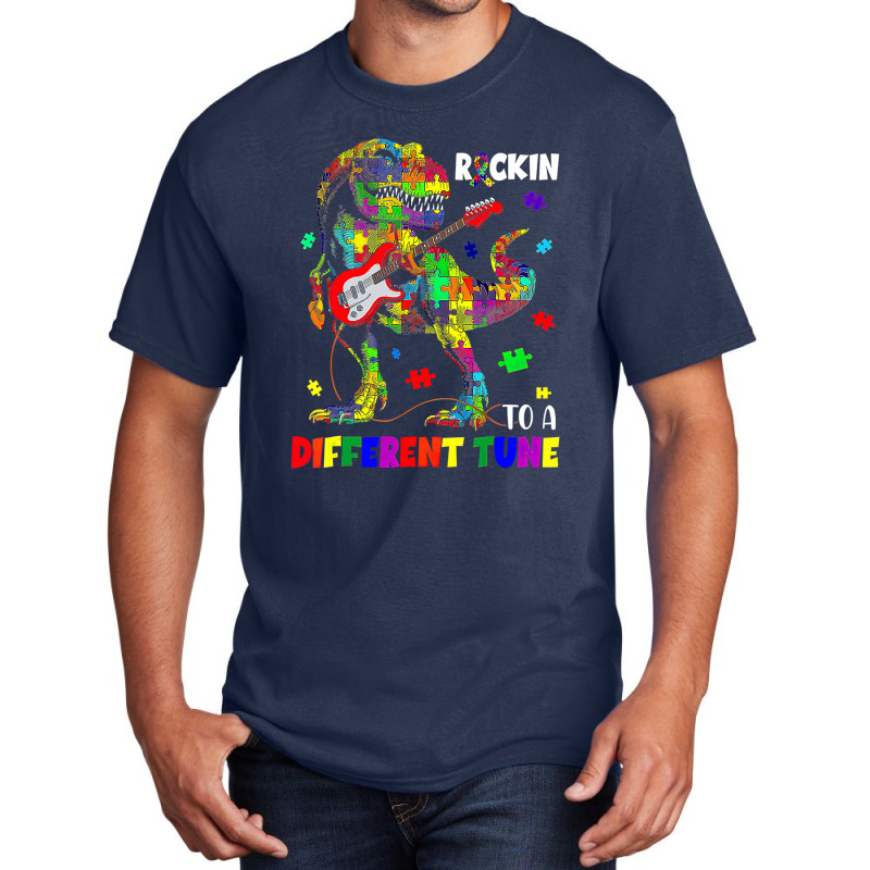 Rockin To A Different Tune Autism Awareness Trex Dinosaur Basic T-shirt by LeiThompson | Artistshot