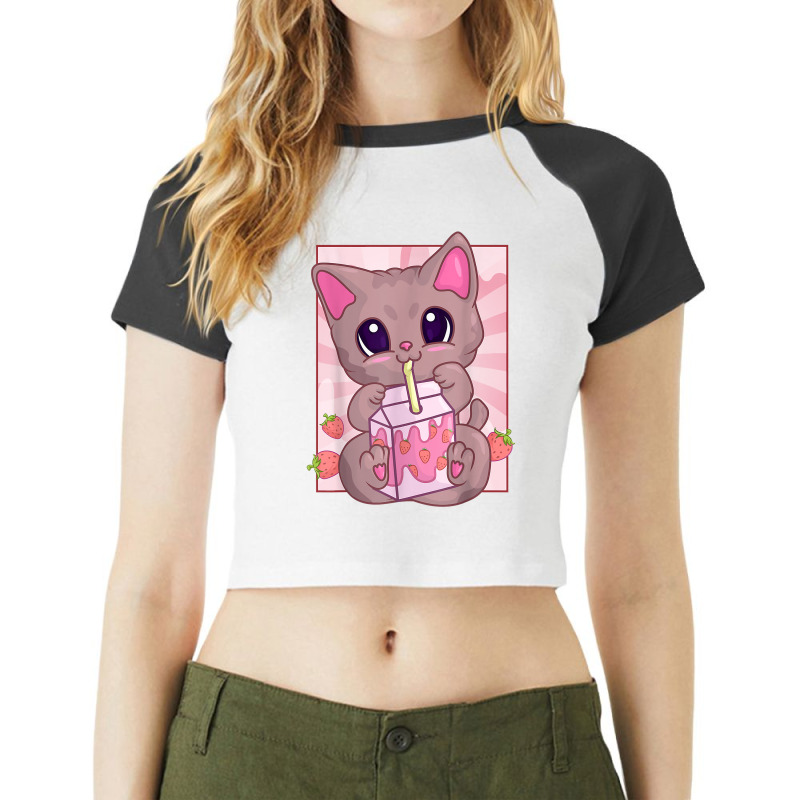 Strawberry Milkshake Cat For Women Girls, Kawaii Maneki Neko T Shirt Raglan Crop Top by cm-arts | Artistshot