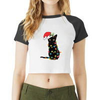 Black Santa Cat Tangled Up In Lights Christmas Santa Raglan Crop Top | Artistshot