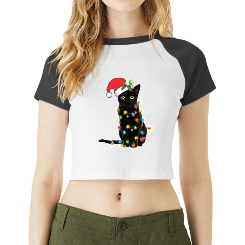 Black Santa Cat Tangled Up In Lights Christmas Santa Raglan Crop Top by cm-arts | Artistshot