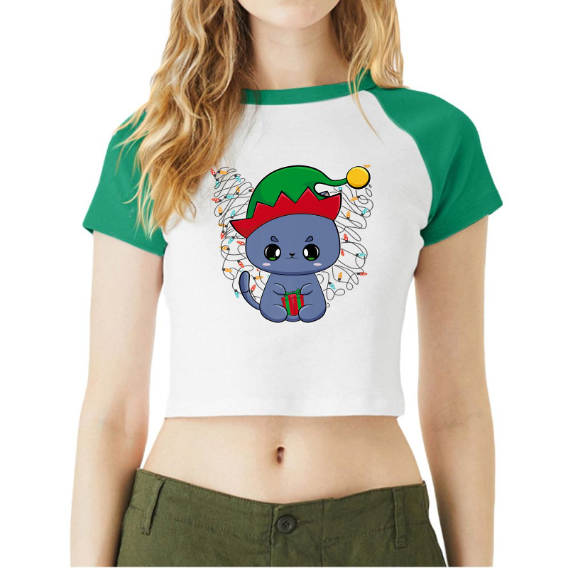 Santa Black Cat Tangled Up In Christmas Tree Lights Meowdy Premium T S Raglan Crop Top by geculaexok | Artistshot