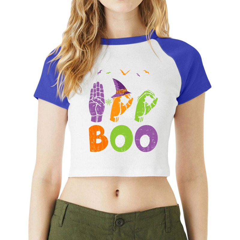 Boo Hands American Sign Language Pride Asl Halloween Long Sleeve T Shi Raglan Crop Top by cm-arts | Artistshot