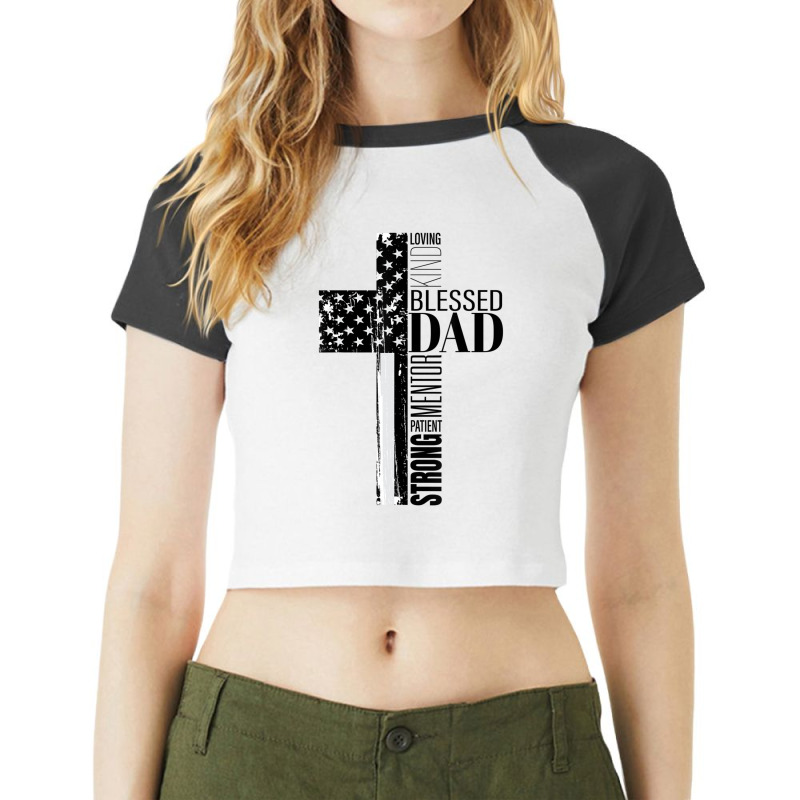 Mens Cool Christian Blessed Dad Cross American Flag Fathers Day Raglan Crop Top by cm-arts | Artistshot