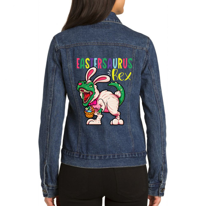 Eastersaurus Rex Dinosaur Easter Ears Easter Eggs Ladies Denim Jacket | Artistshot