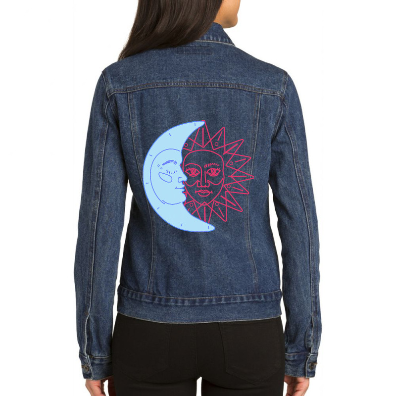 Celestial Moon Sun Line Art Minimal Artistic Aesth Ladies Denim Jacket | Artistshot