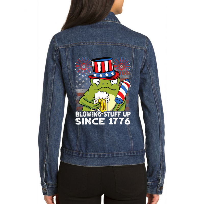 Blowing Stuff Up Since 1776 Funny 4th Of July Frog Ladies Denim Jacket by BasiCali | Artistshot