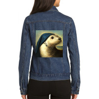 A Sea Otter With A Pearl Earring Vermeer Funny Art Ladies Denim Jacket | Artistshot