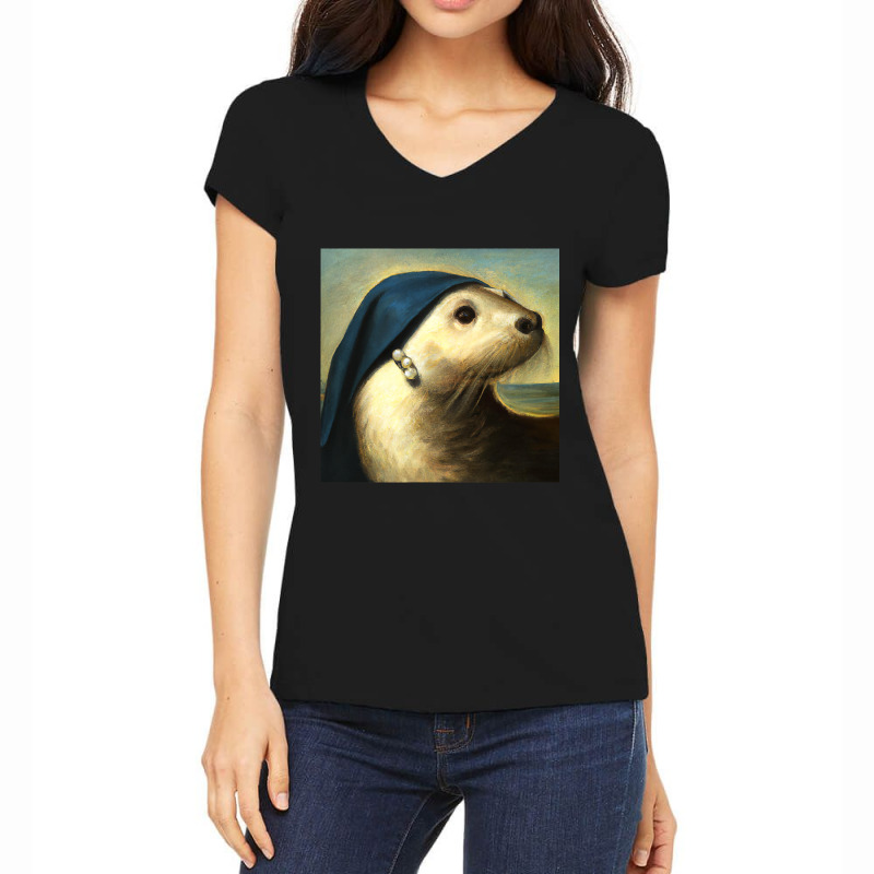 A Sea Otter With A Pearl Earring Vermeer Funny Art Women's V-Neck T-Shirt by JuditHanley | Artistshot