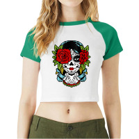 Catrina Sugar Skull Calavera Mexican Rose Eye   Art On Back Raglan Bas Raglan Crop Top | Artistshot