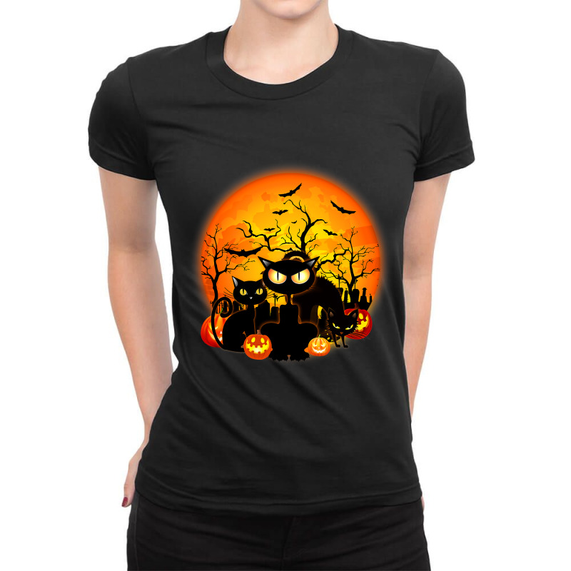 Black Cats Full Moon Halloween Costume Pumpkin Bat Ladies Fitted T-Shirt by CalliopeEasley | Artistshot