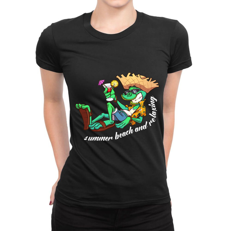 Cartoon Cute Iguana On The Summer Beach With Cockt Ladies Fitted T-Shirt by TrulyEnjoy | Artistshot