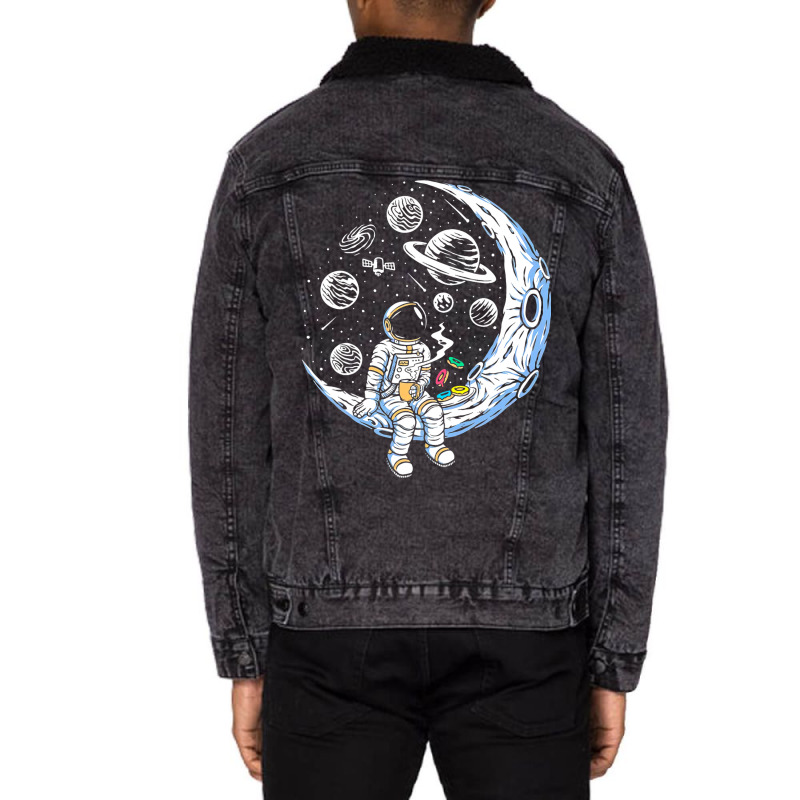 Funny Astronaut On The Moon Coffee And Donut Space Unisex Sherpa-lined Denim Jacket | Artistshot