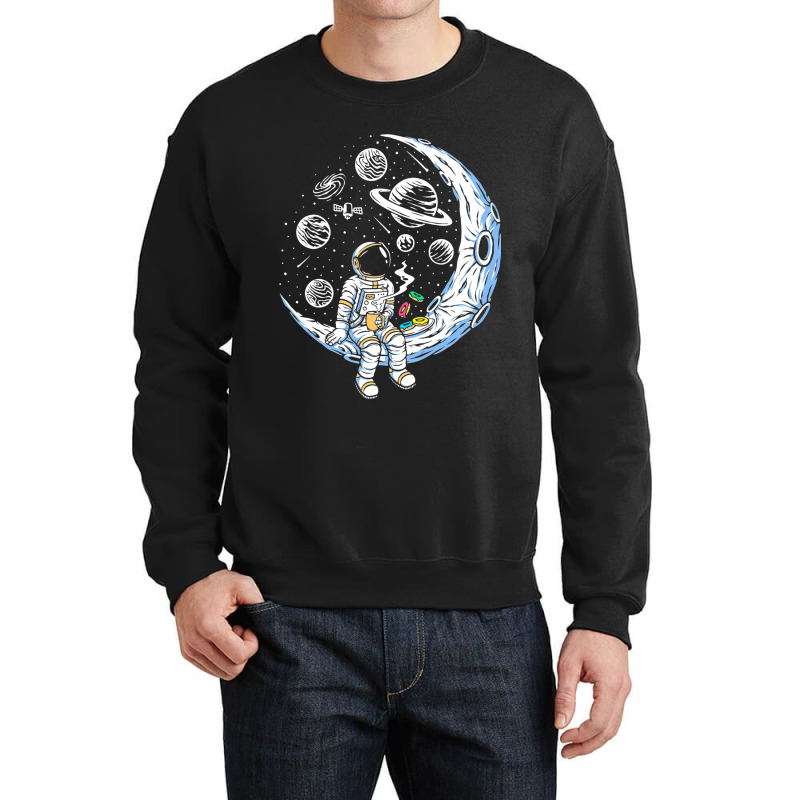 Funny Astronaut On The Moon Coffee And Donut Space Crewneck Sweatshirt | Artistshot