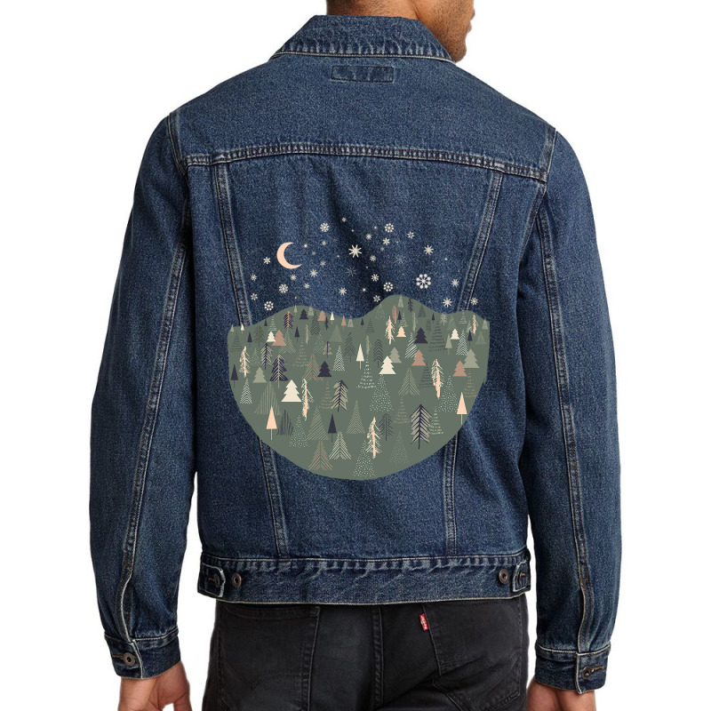 Forest Trees Autumn Winter Night Snowing Star Moon Men Denim Jacket | Artistshot