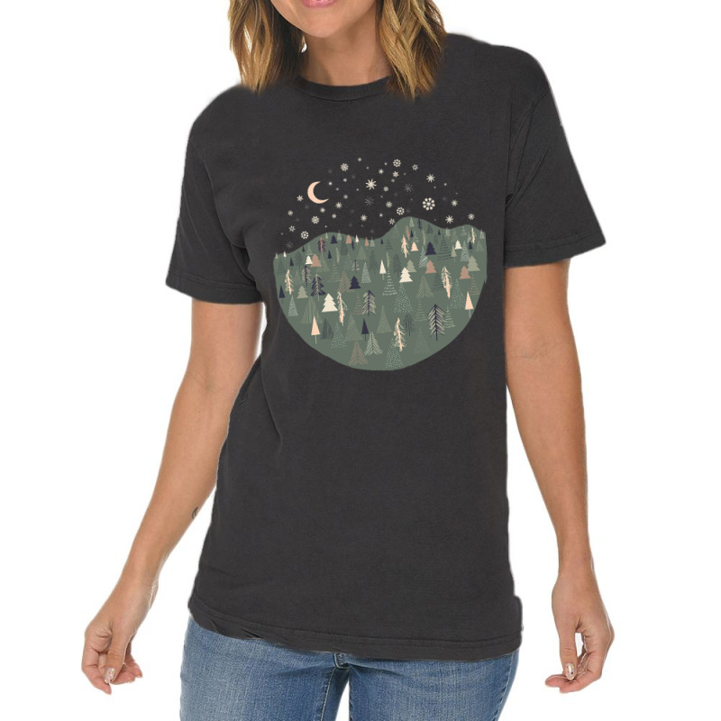 Forest Trees Autumn Winter Night Snowing Star Moon Vintage T-shirt | Artistshot