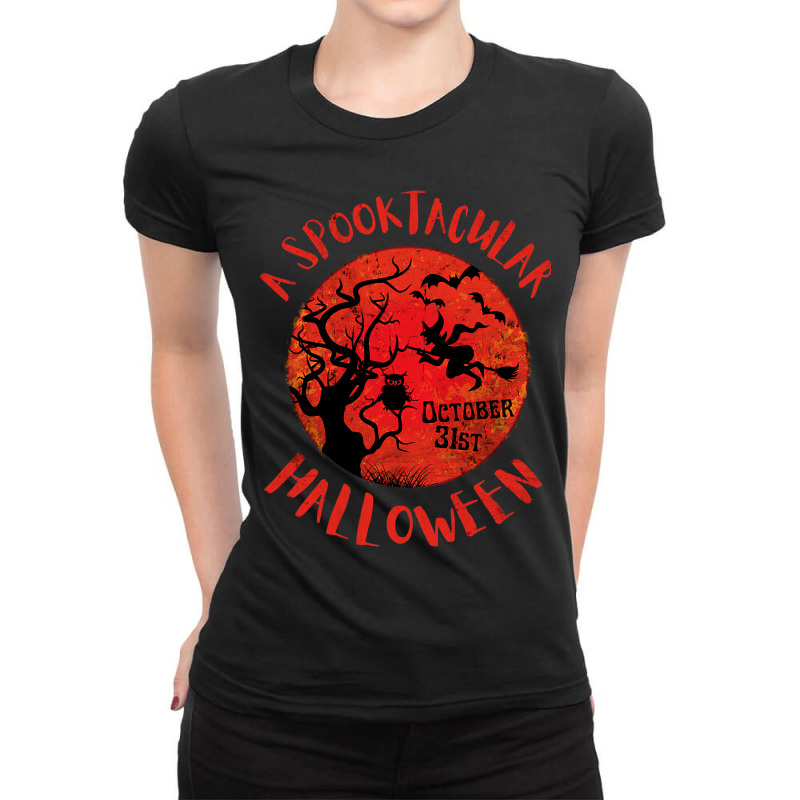 Funny Halloween Red Moon Spooky Witch Owl Bats Gru Ladies Fitted T-Shirt by NOELYOUNG | Artistshot