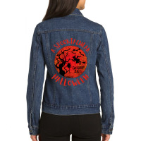 Funny Halloween Red Moon Spooky Witch Owl Bats Gru Ladies Denim Jacket | Artistshot