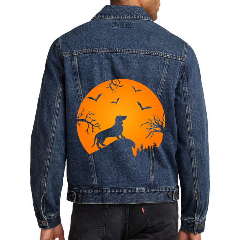 Funny Weiner Dog In The Moon Dachshund And Hallowe Men Denim Jacket | Artistshot