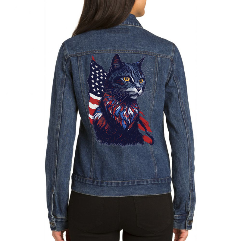 Pawsome Patriot Cat Strikes Again Ladies Denim Jacket by jayajaya | Artistshot