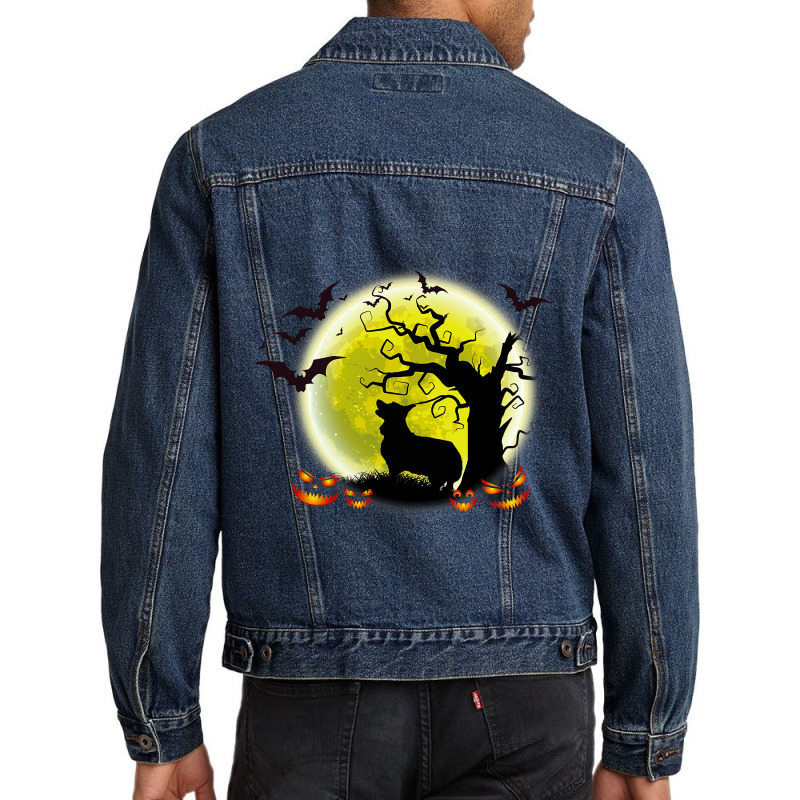 Funny Corgi Dog Moon Pumpkin Halloween Costume Dog Men Denim Jacket | Artistshot