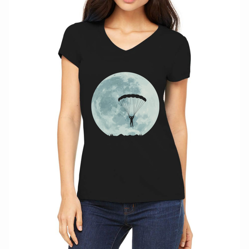 Full Moon Sky Diving Base Jumping Parachute Extrem Women's V-Neck T-Shirt by LoralieDemars | Artistshot